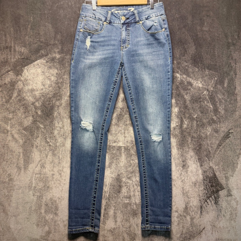 Seven7 Jeans Womens 10 Blue Cotton Blend Tummyless Skinny Mid Rise Distressed